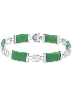 Natural Green Jade Good Fortune Link Bracelet in Sterling Silver - Elegant